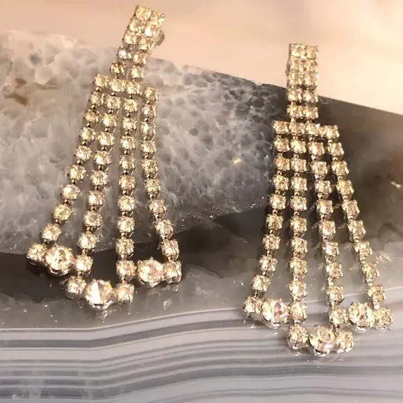 90's Vintage Rhinestone Dangle Drop Chandelier Earrings Silver Tone Post Style - Picture 2 of 16